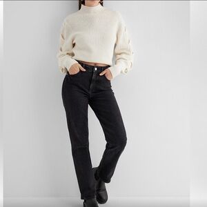 Express High Waisted Black Rhinestone Button Modern Straight Jeans womens